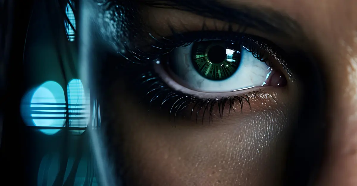 Green eye with technology reflections on a woman's face. Bigle Legal CLM article on NLP.
