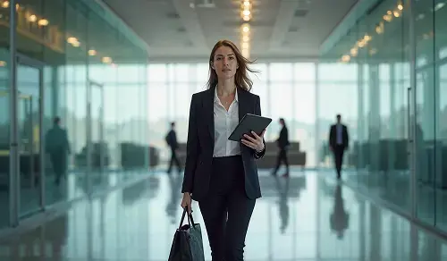 Lawyer arrives at her glassed-in office, tablet in hand. BIgle CLM article on compliance and legal operations.