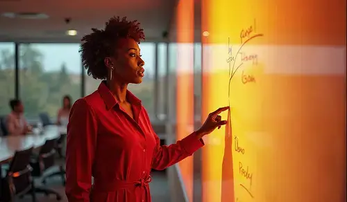 Lawyer in a red suit points to a blackboard she is looking at, in a meeting room. Bigle CLM article.