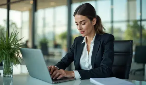 Lawyer in a suit typing on her computer in a glassed-in office. Bigle CLM article on applications.