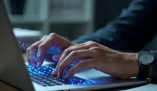 Lawyers hands typing on a laptop, with a halo of dots around them. Bigle CLM article on Legal Prompting.