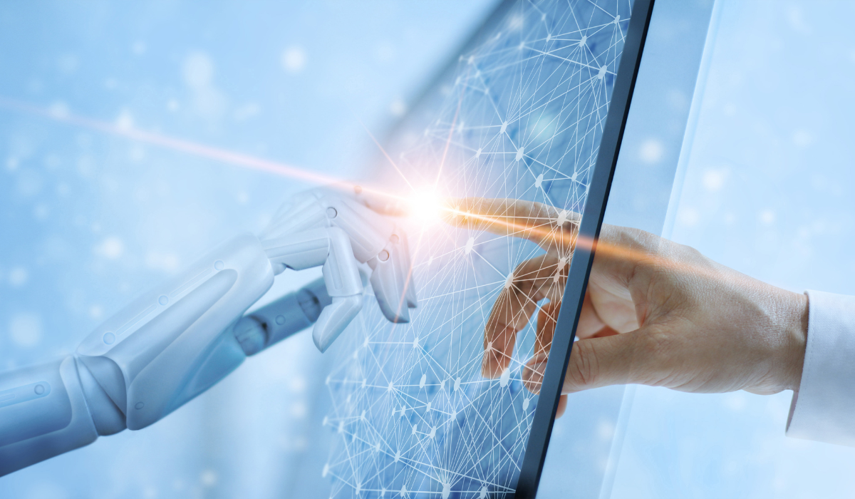 Robotic hand and human hand clash index fingers on a screen. IA article by Bigle Legal.