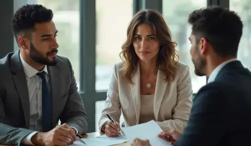 Three lawyers gathered with papers on the table, while a female lawyer looks at the camera. BIgle CLM article on contract management.