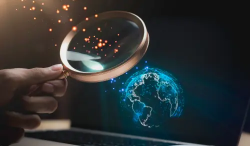 Lawyer holds a golden magnifying glass looking at the world as orange particles pass through it. Bigle Legal CLM article on entity detection with AI.