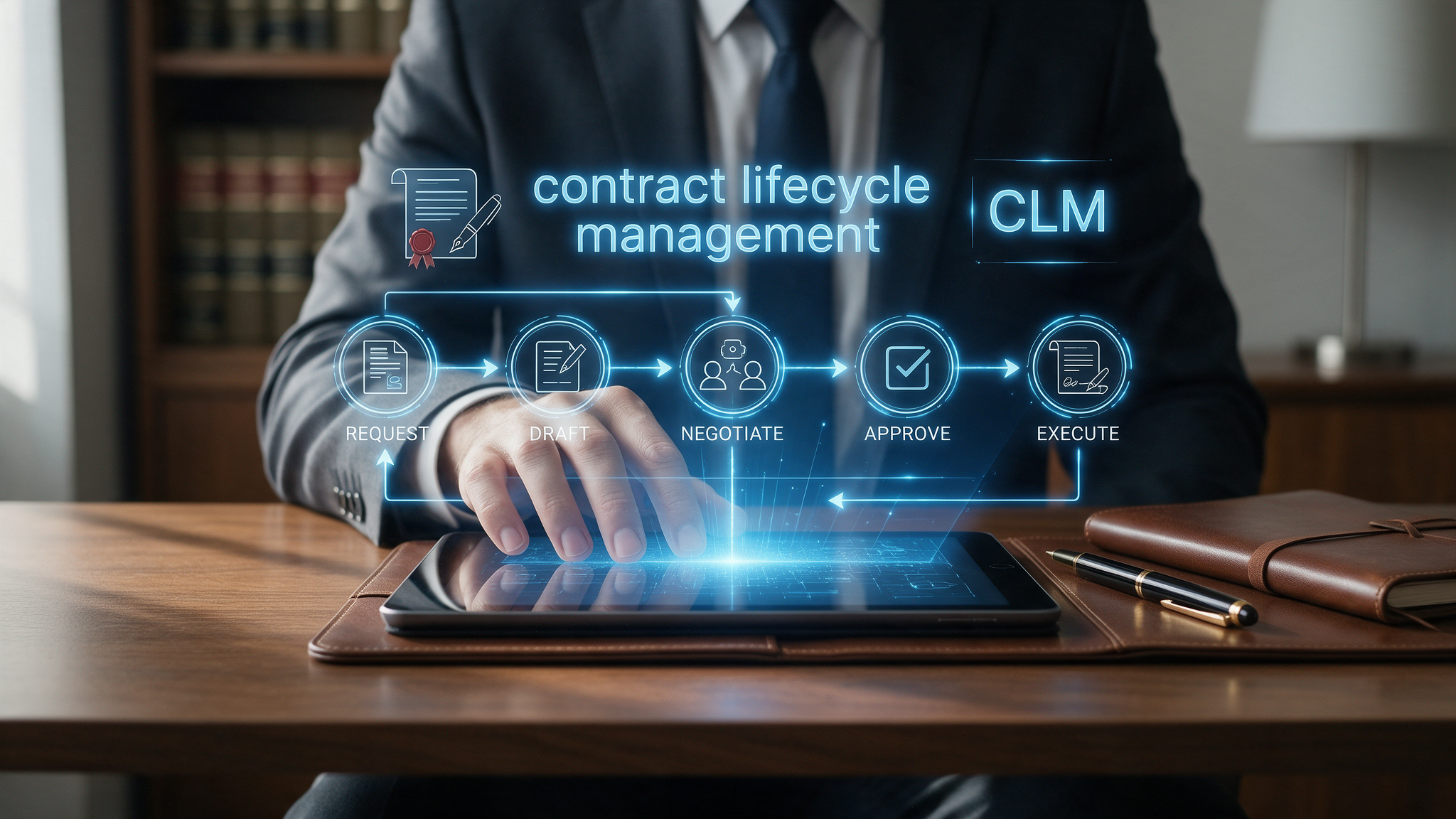 Lawyer using a tablet that projects a hologram of CLM software showing the pre-signature stages of the contract lifecycle: request, document automation, negotiation, review and approval, and e-signature.