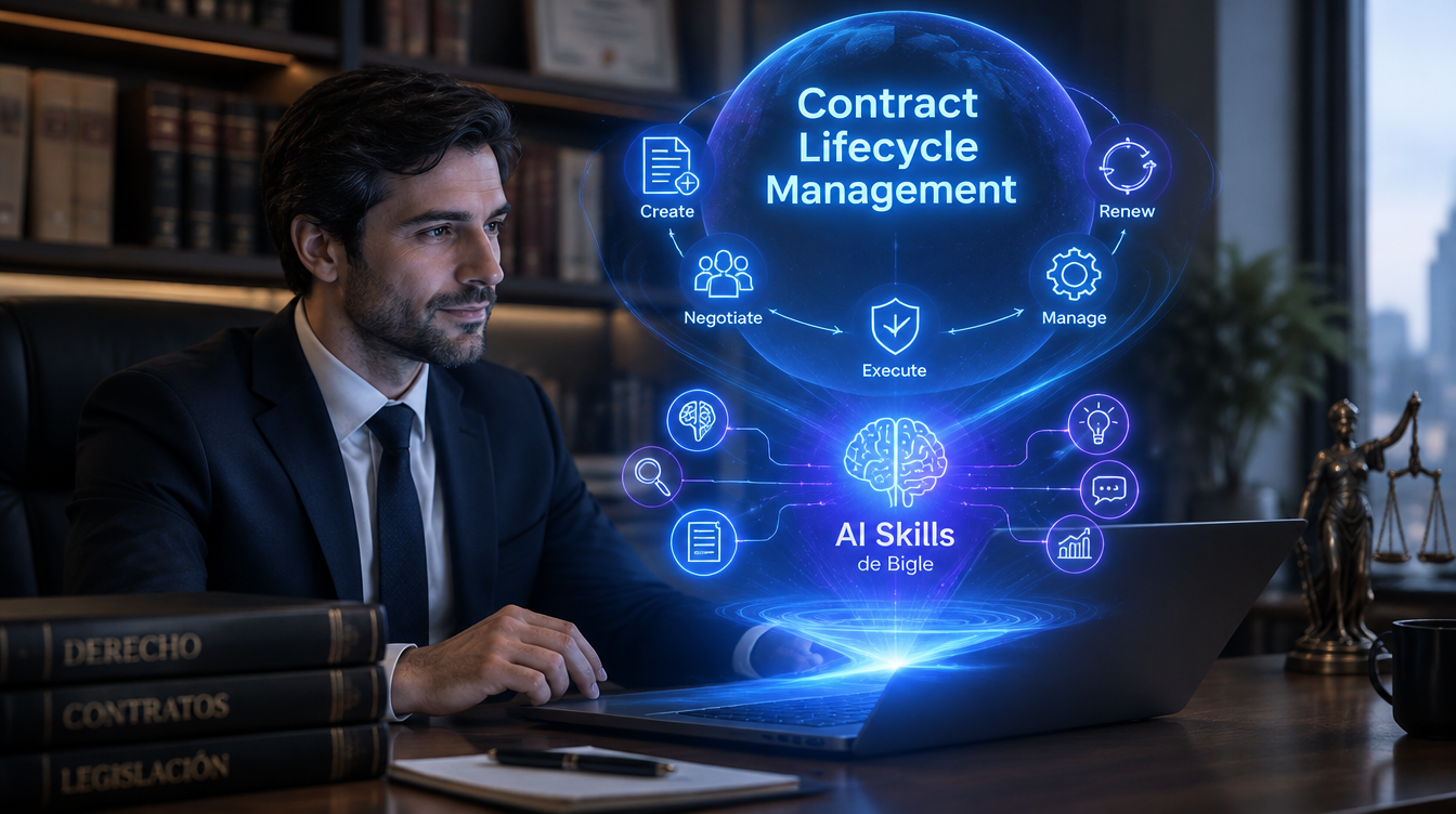 Lawyer at a laptop projecting a hologram of the contract lifecycle in a CLM (creation, negotiation, signature, management, and renewal), powered by Bigle Libra’s AI Skills.