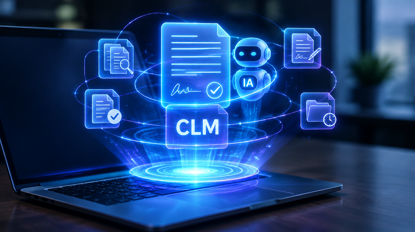 Holograma de un software de gestión del ciclo de vida de los contratos (CLM) que emerge de un ordenador.
